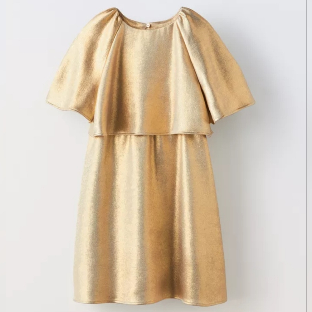 Zara Gold Ruffled Tiered Sundress Asymmetrical Neckline